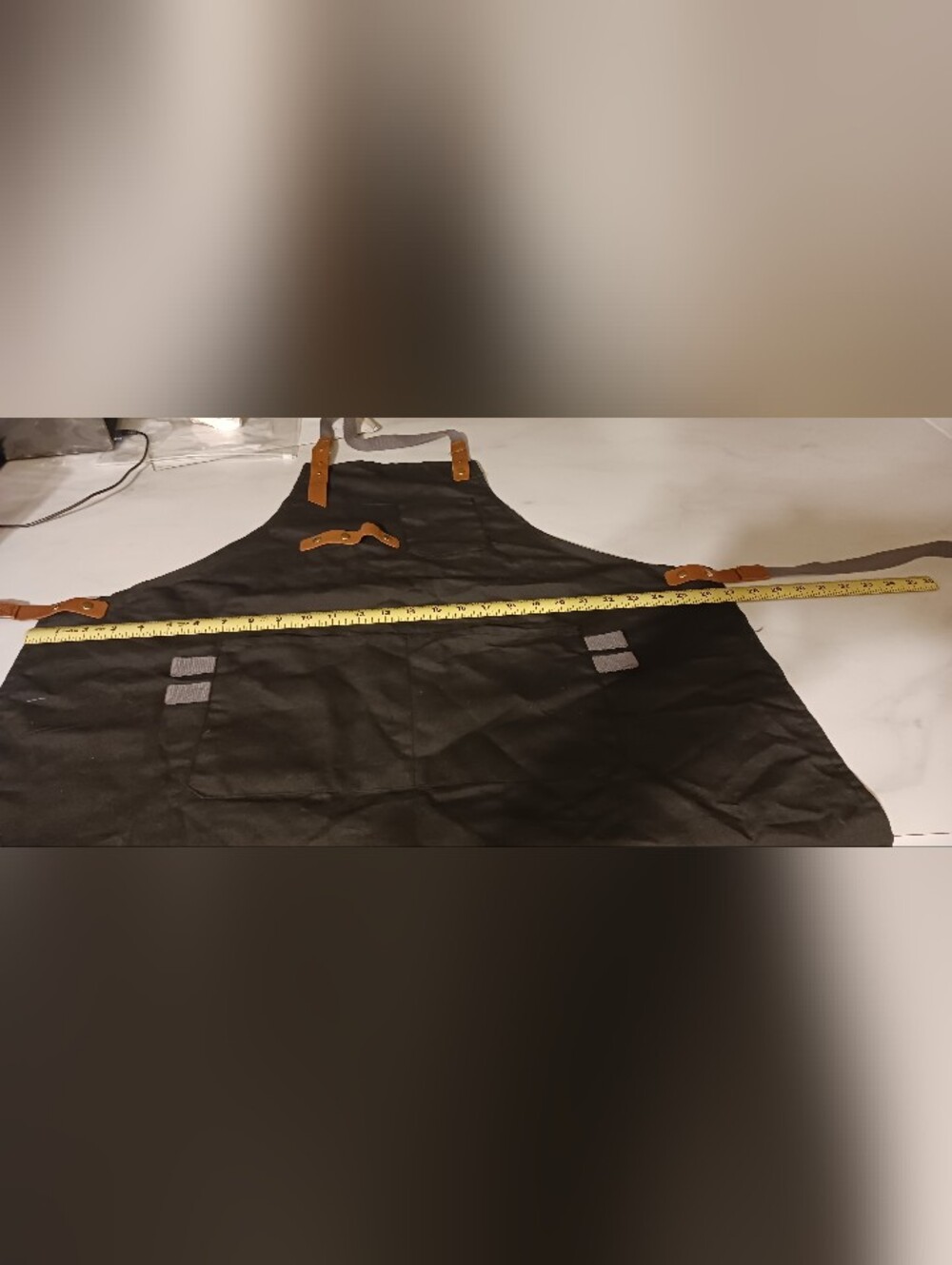 Black Canvas Chef's Apron Unisex with Brown Leather Straps 3 Pockets One Size - Picture 6 of 6
